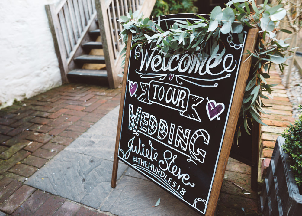 Chalk Black Board Welcome Sign Foliage Greenery George Rye Wedding Hollie Carlin Photography