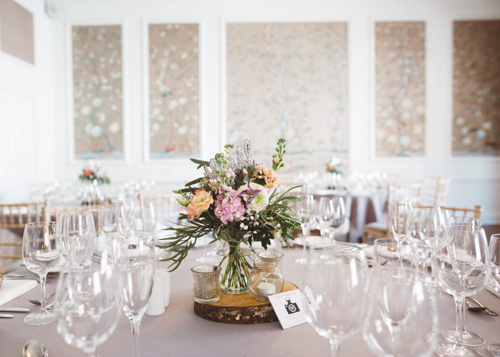 Centrepiece Flowers Table Log Slice Pink Peach Candles George Rye Wedding Hollie Carlin Photography
