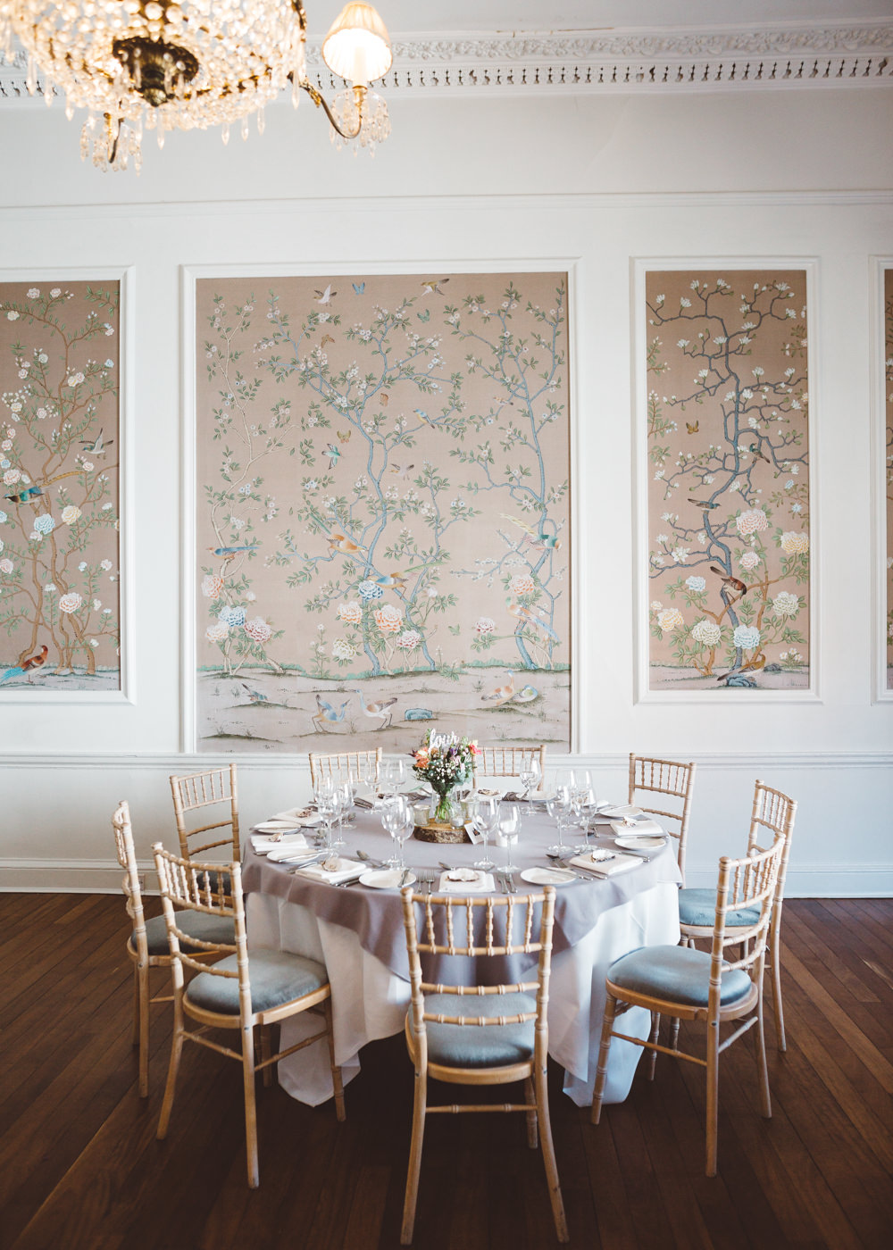Table Grey Tablecloth Chiavari Chairs Round George Rye Wedding Hollie Carlin Photography