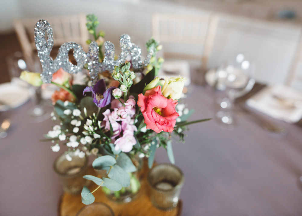 Flowers Glitter Table Number Fresia Stocks Centrepiece George Rye Wedding Hollie Carlin Photography
