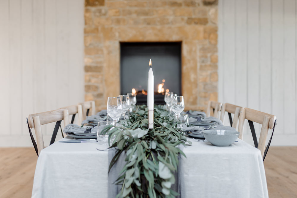 Eucalyptus Greenery Foliage Runner Table Tablescape Linen Garland Ribbons Candles Grey Violet Wedding Ideas Chloe Ely Photography