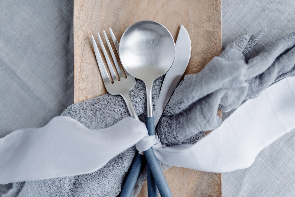 Cutlery Utensils Ribbon Silk Grey Violet Wedding Ideas Chloe Ely Photography