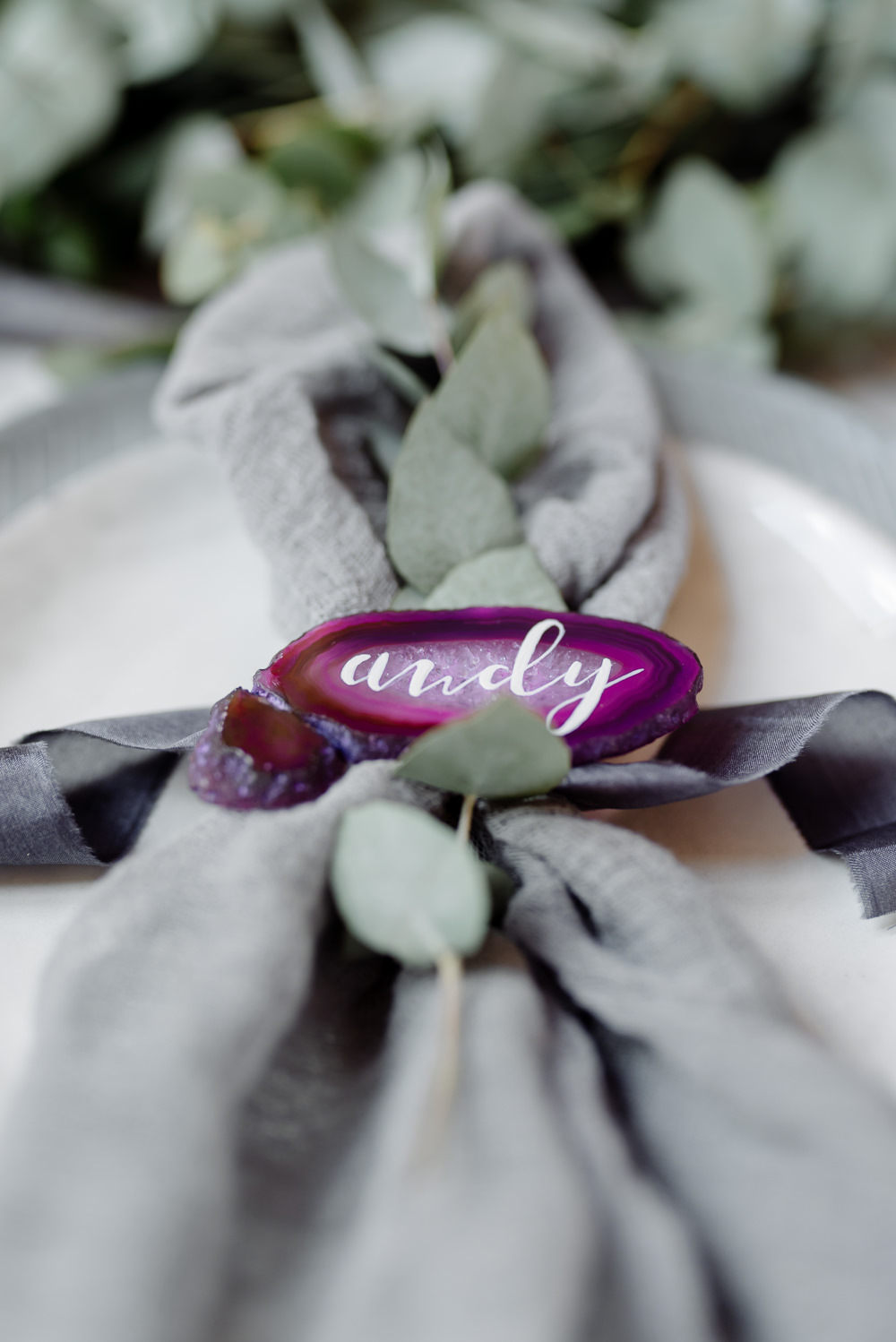 Agate Name Slice Calligraphy Place Card Grey Violet Wedding Ideas Chloe Ely Photography