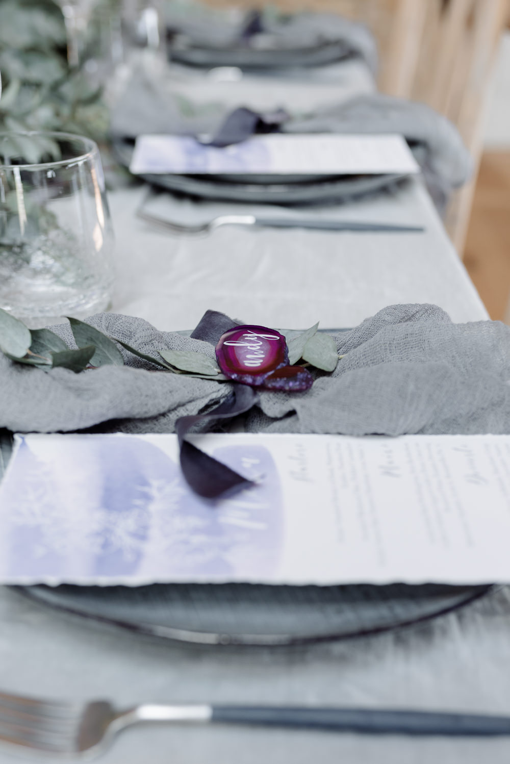 Place Setting Table Plates Cutlery Greenery Foliage Eucalyptus Ribbon Silk Napkin Grey Violet Wedding Ideas Chloe Ely Photography