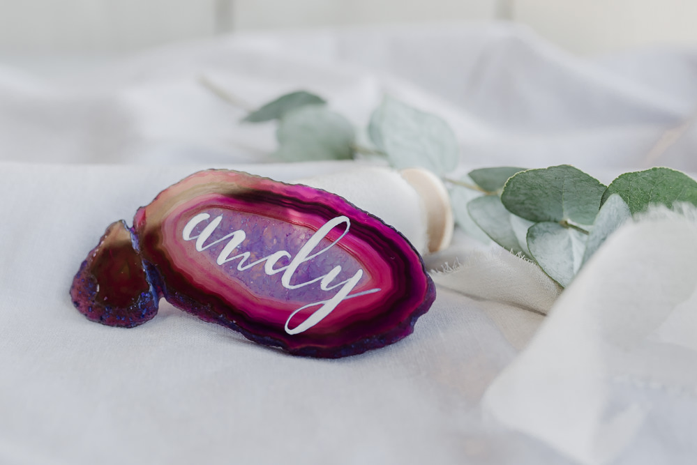 Agate Name Slice Calligraphy Place Card Grey Violet Wedding Ideas Chloe Ely Photography