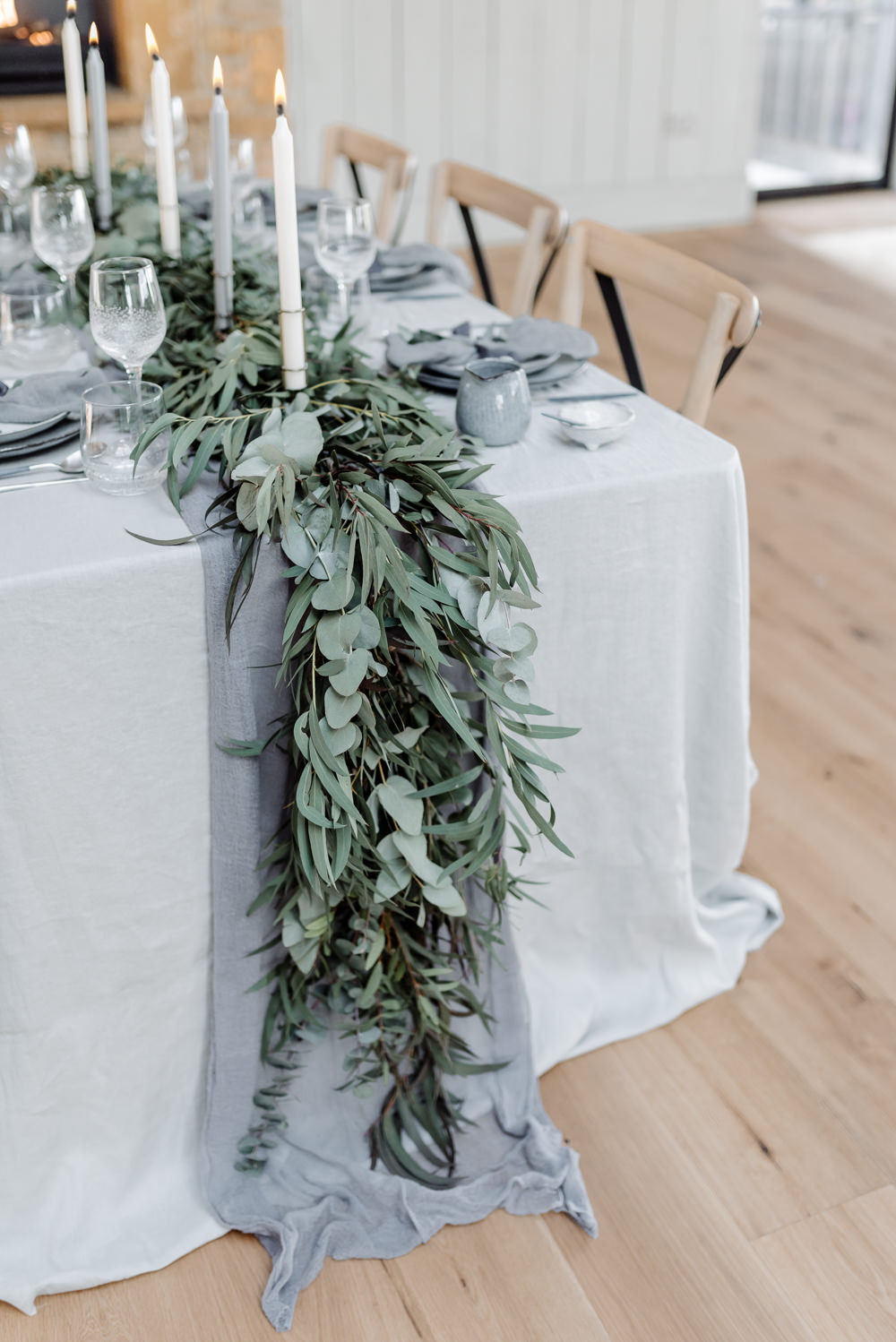 Eucalyptus Greenery Foliage Runner Table Tablescape Linen Garland Ribbons Candles Grey Violet Wedding Ideas Chloe Ely Photography