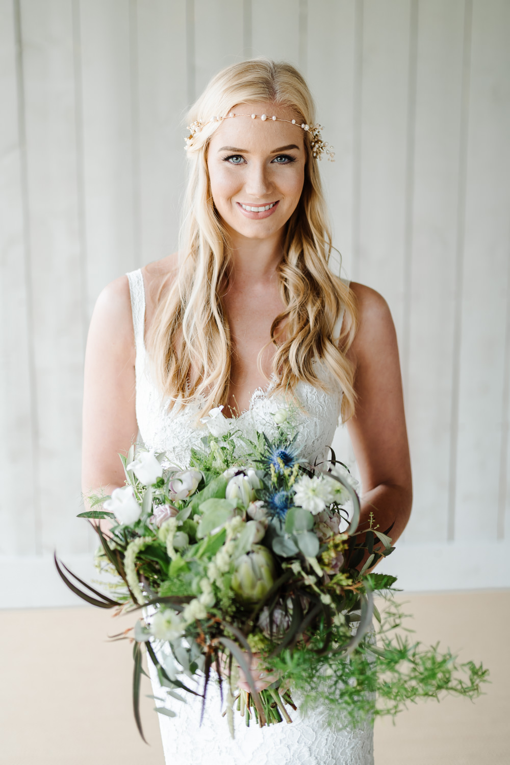 Bouquet Flowers Bride Bridal Thistle Peony Pink Peonies Protea Greenery Foliage Grey Violet Wedding Ideas Chloe Ely Photography