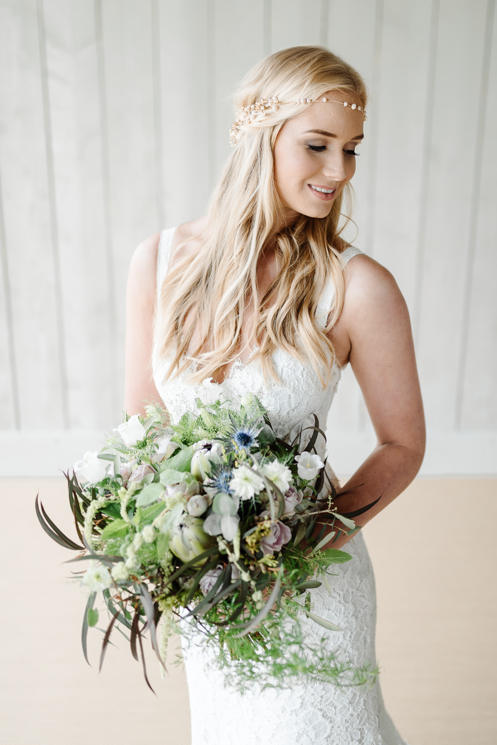Bouquet Flowers Bride Bridal Thistle Peony Pink Peonies Protea Greenery Foliage Grey Violet Wedding Ideas Chloe Ely Photography