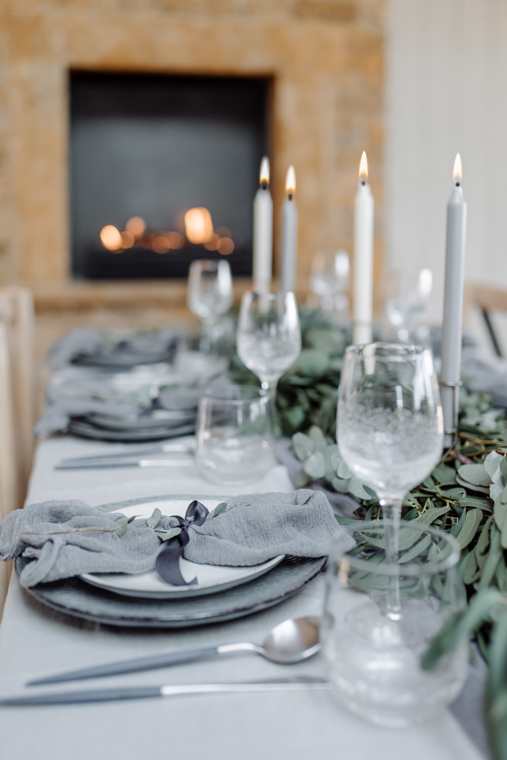Eucalyptus Greenery Foliage Runner Table Tablescape Linen Garland Ribbons Candles Grey Violet Wedding Ideas Chloe Ely Photography