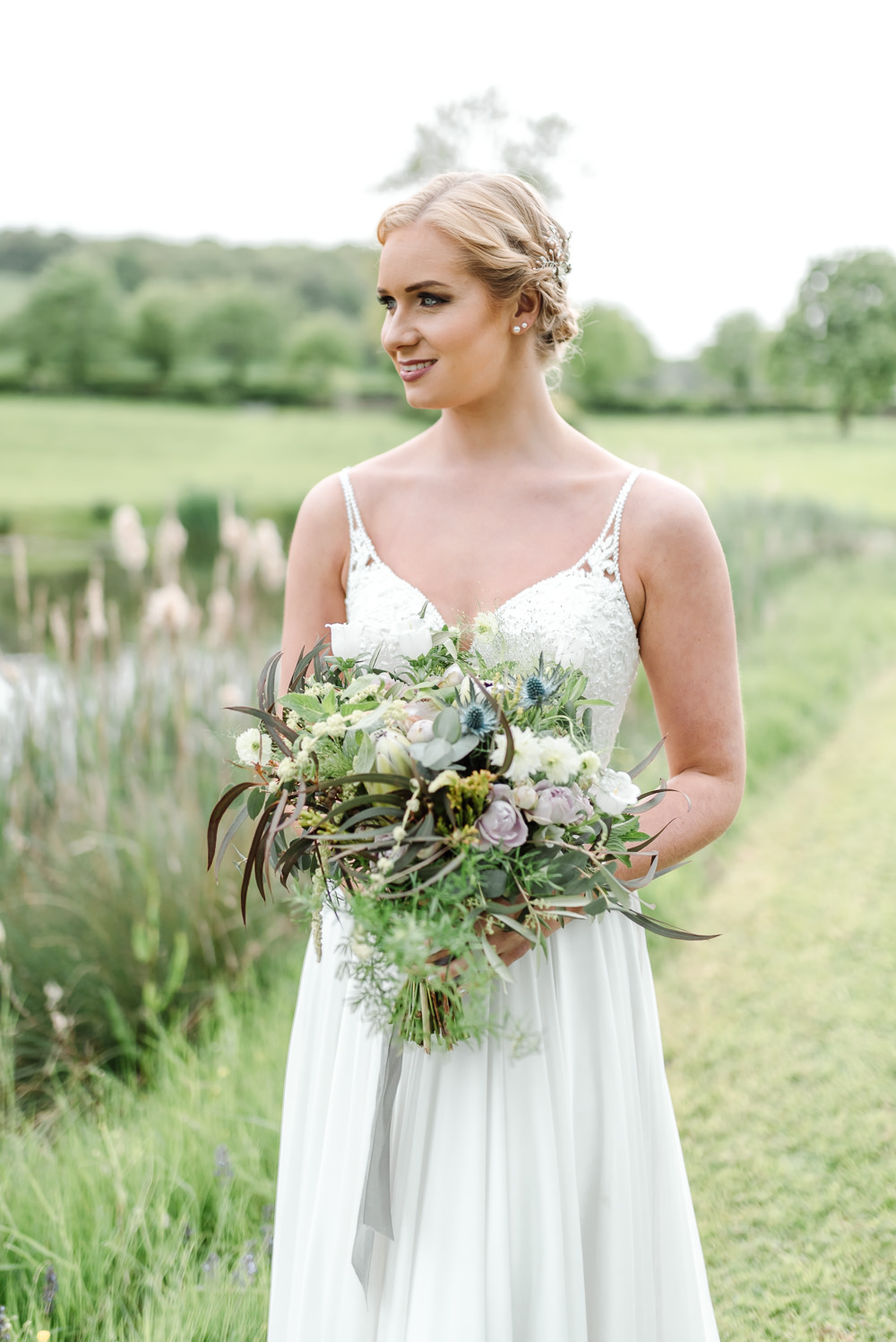 Bouquet Flowers Bride Bridal Thistle Peony Pink Peonies Protea Greenery Foliage Grey Violet Wedding Ideas Chloe Ely Photography