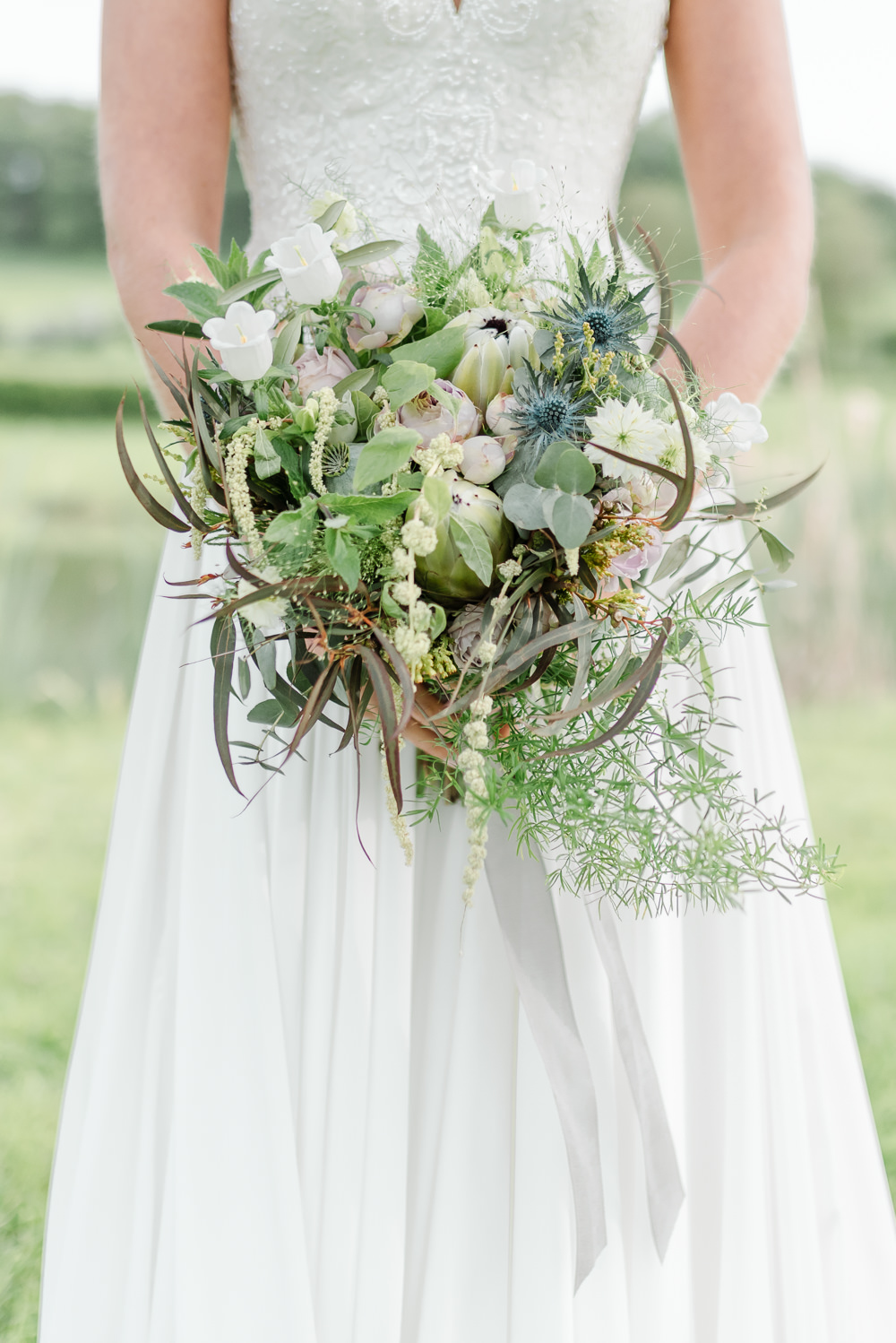 Bouquet Flowers Bride Bridal Thistle Peony Pink Peonies Protea Greenery Foliage Grey Violet Wedding Ideas Chloe Ely Photography