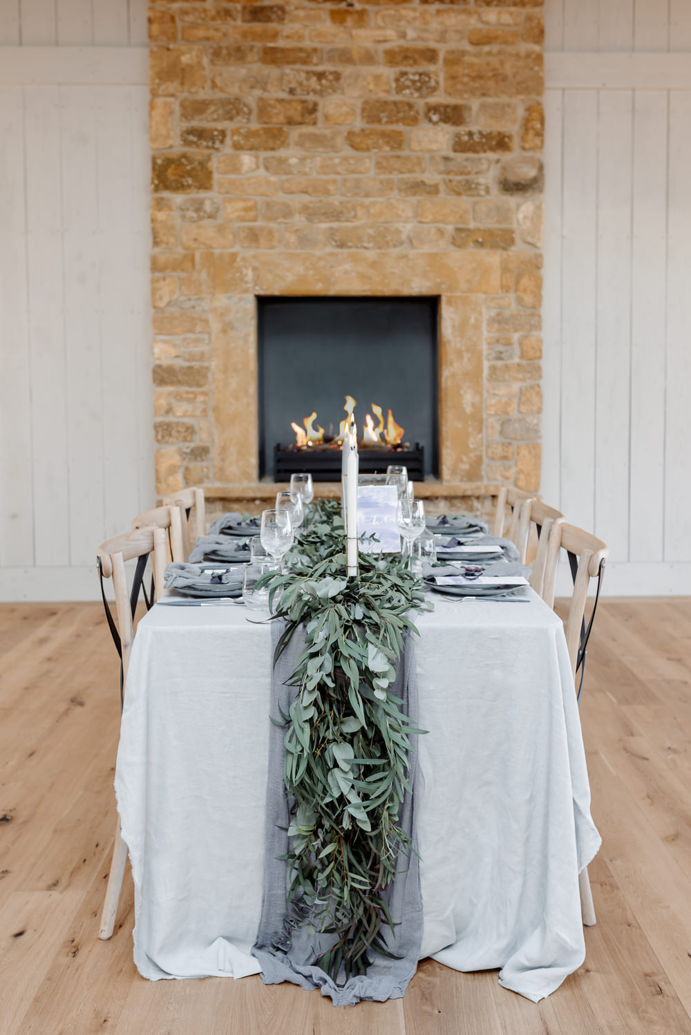 Eucalyptus Greenery Foliage Runner Table Tablescape Linen Garland Ribbons Candles Grey Violet Wedding Ideas Chloe Ely Photography
