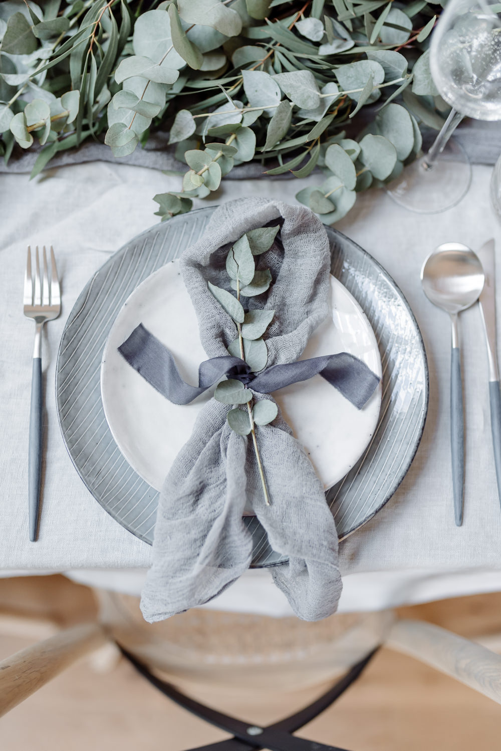 Place Setting Table Plates Cutlery Greenery Foliage Eucalyptus Ribbon Silk Napkin Grey Violet Wedding Ideas Chloe Ely Photography