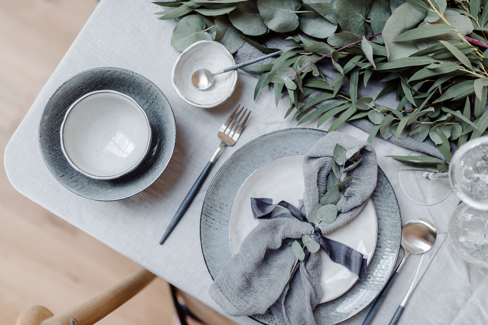 Place Setting Table Plates Cutlery Greenery Foliage Eucalyptus Ribbon Silk Napkin Grey Violet Wedding Ideas Chloe Ely Photography