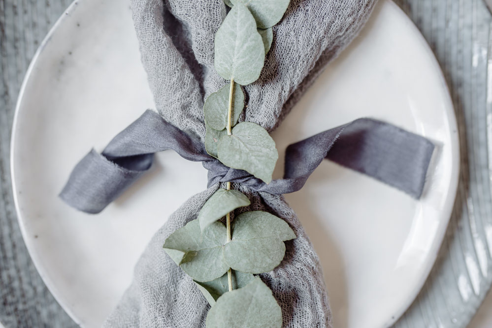 Place Setting Table Plates Cutlery Greenery Foliage Eucalyptus Ribbon Silk Napkin Grey Violet Wedding Ideas Chloe Ely Photography