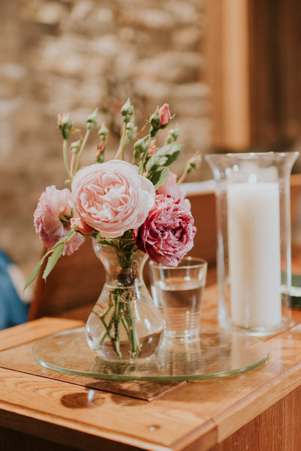 Pink Roses Vase Church Candle Harry Warren House Wedding Big Bouquet Photography