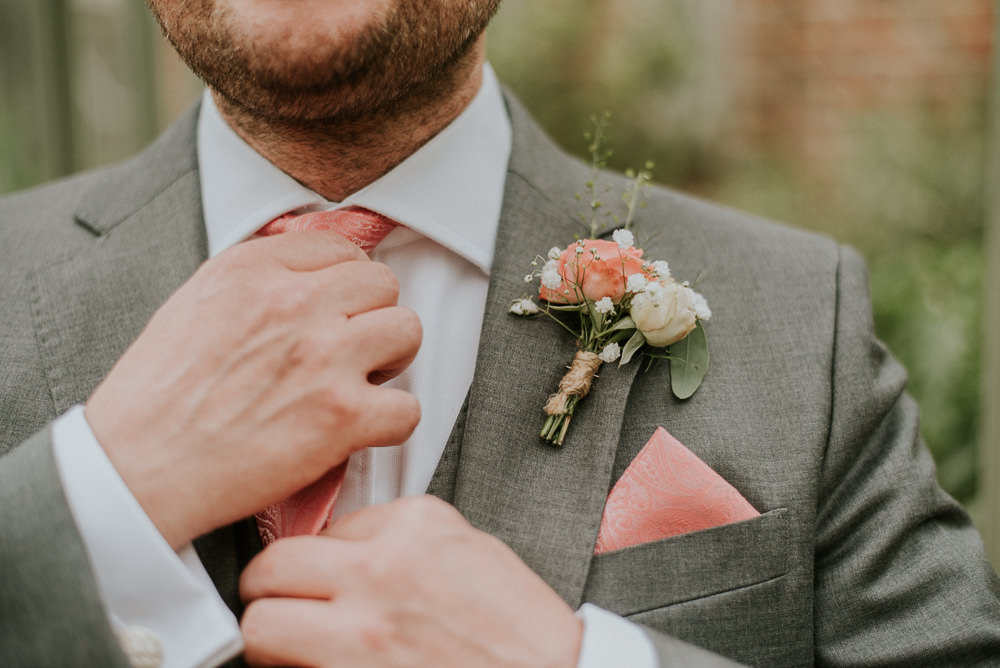 Groom Grey Suit Coral Pink Tie Pocket Square Rose Buttonhole Harry Warren House Wedding Big Bouquet Photography