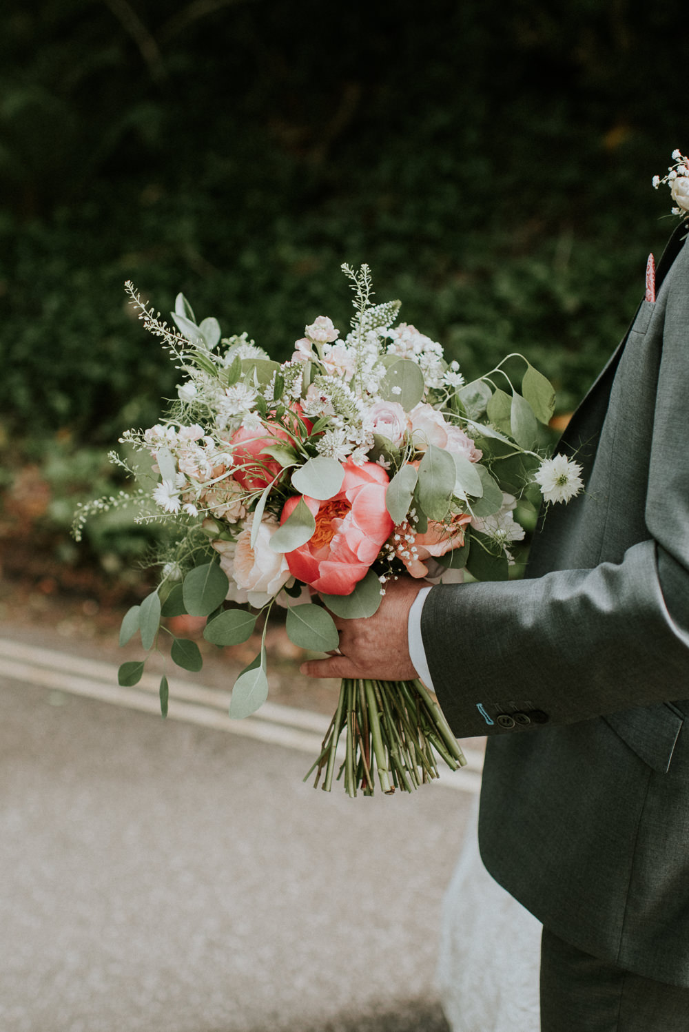 Bouquet Flowers Bride Bridal Peony Peonies Coral Charm Pink Rose Greenery Foliage Gypsophila Harry Warren House Wedding Big Bouquet Photography