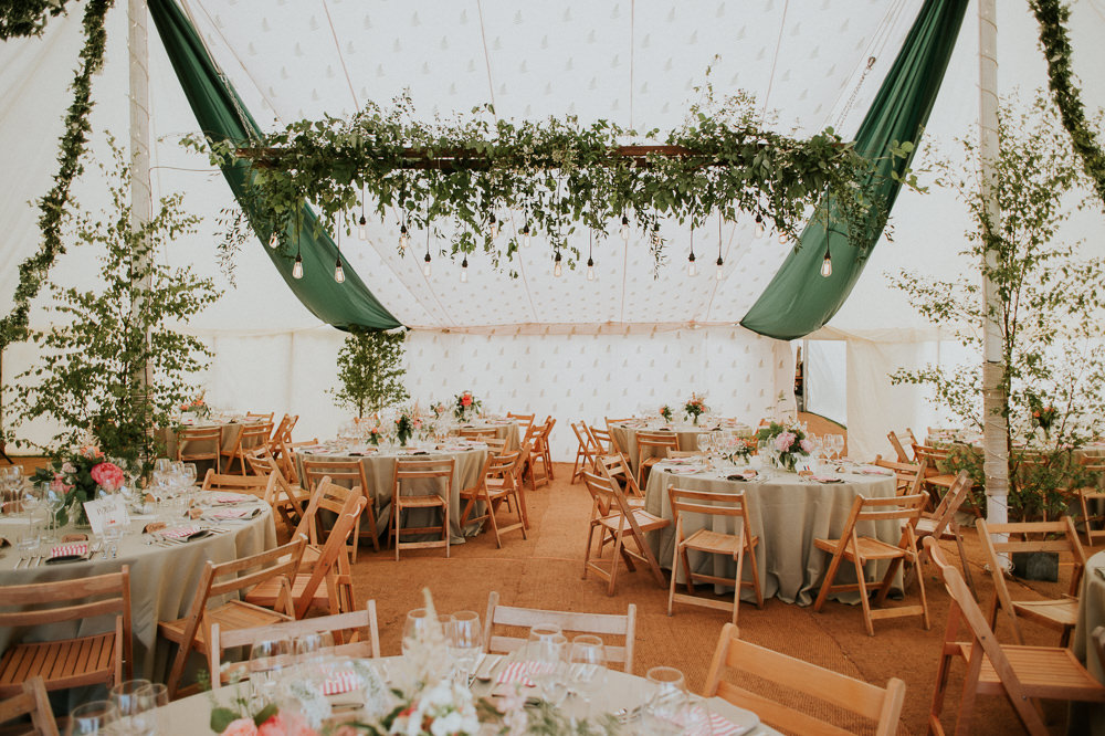 Pole Tent Marquee Greenery Foliage Trees Edison Lights Lighting Drapes Green Harry Warren House Wedding Big Bouquet Photography