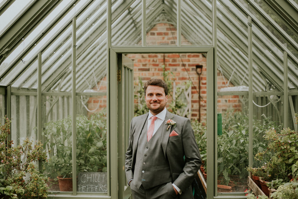 Groom Grey Suit Coral Pink Tie Pocket Square Rose Buttonhole Harry Warren House Wedding Big Bouquet Photography