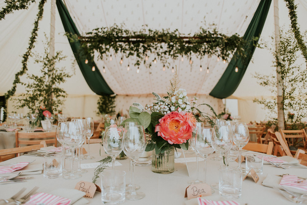 Pole Tent Marquee Greenery Foliage Trees Edison Lights Lighting Drapes Green Harry Warren House Wedding Big Bouquet Photography