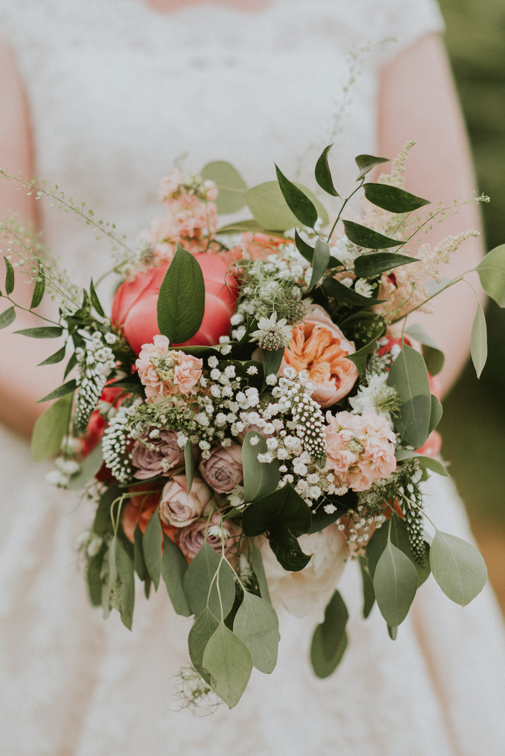 Bouquet Flowers Bride Bridal Peony Peonies Coral Charm Pink Rose Greenery Foliage Gypsophila Harry Warren House Wedding Big Bouquet Photography