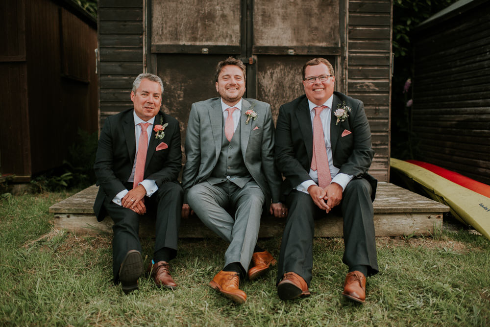 Groom Grey Suit Coral Pink Tie Pocket Square Rose Buttonhole Groomsmen Harry Warren House Wedding Big Bouquet Photography
