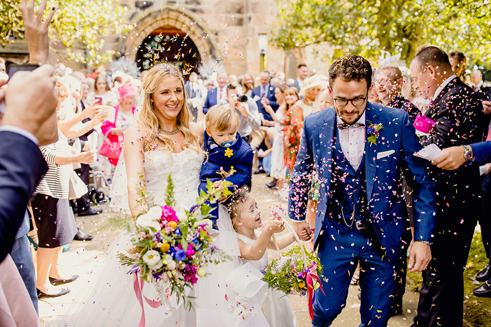 Bride Bridal Sweetheart Neckline A Line Layered Tulle Hugo Boss Waistcoat Blue Groom Multicolour Flowers Confetti Heaton House Farm Wedding Steven Rooney Photography