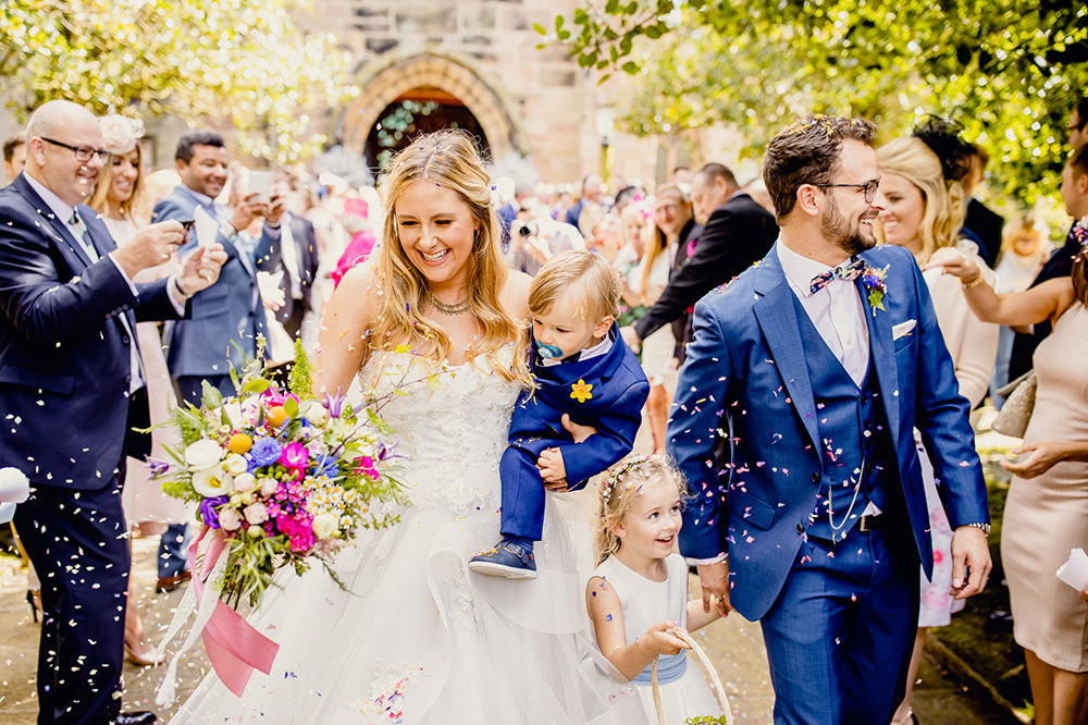 Bride Bridal Sweetheart Neckline A Line Layered Tulle Hugo Boss Waistcoat Blue Groom Multicolour Flowers Bouquet Confetti Heaton House Farm Wedding Steven Rooney Photography