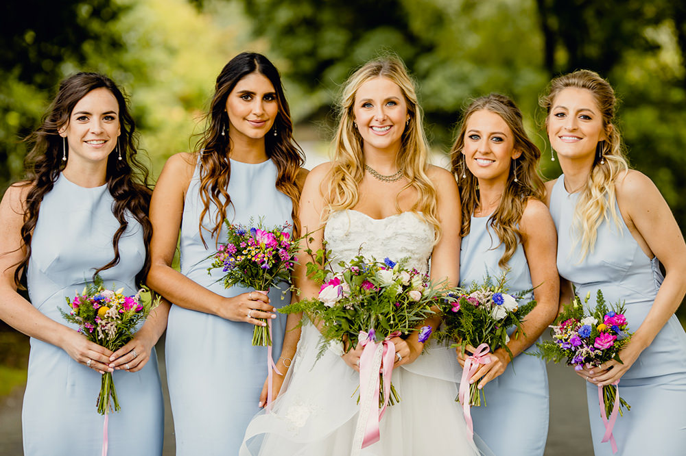 Bride Bridal Sweetheart Neckline A Line Layered Tulle Pale Blue Halter Neck Bridesmaids Dress Gown Heaton House Farm Wedding Steven Rooney Photography