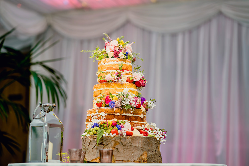 Naked Cake Fruit Gypsophila Wood Slice Heaton House Farm Wedding Steven Rooney Photography