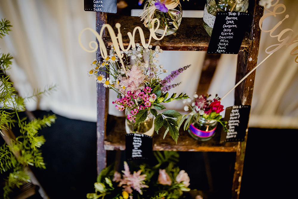 Table Plan Seating Chart Flowers Floral Jam Jars Laser Cut Numbers Blackboards Stepladder Heaton House Farm Wedding Steven Rooney Photography