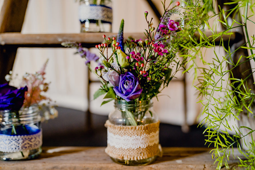 Jam Jars Flowers Floral Multicoloured Hessian Lace Heaton House Farm Wedding Steven Rooney Photography