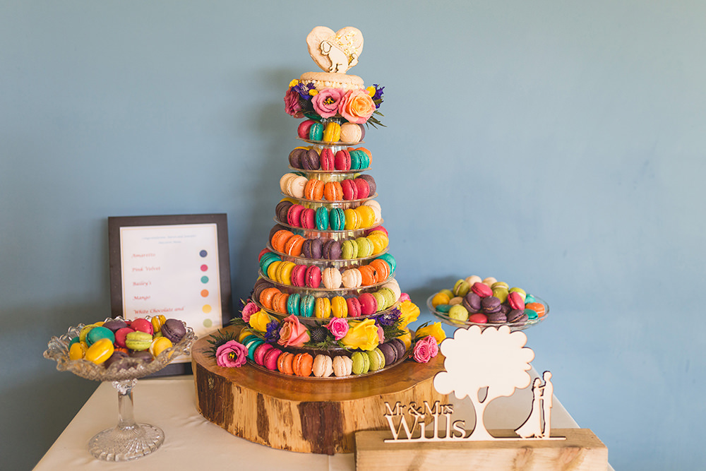 Colourful Multicolour Rainbow Macaron Tower Cake Topper Dog Table Hothorpe Hall Woodlands Wedding Lucy Long Photography