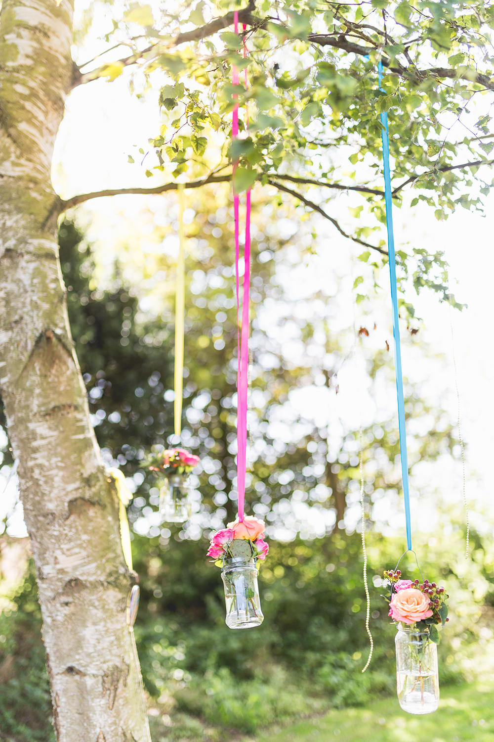 Hanging Jar Flowers Ribbons Colourful Hothorpe Hall Woodlands Wedding Lucy Long Photography
