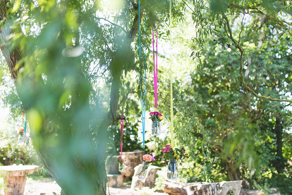 Hanging Jar Flowers Ribbons Colourful Hothorpe Hall Woodlands Wedding Lucy Long Photography
