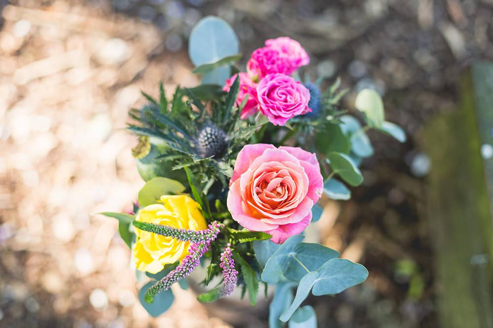 Flowers Rose Pink Yelllow Thistle Hothorpe Hall Woodlands Wedding Lucy Long Photography