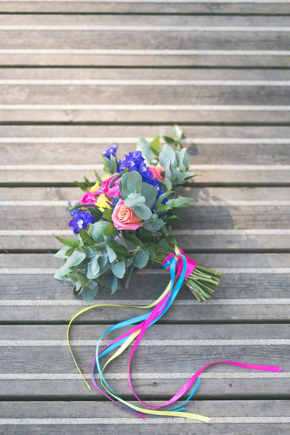Bouquet Flowers Bride Bridal Multi Colour Rose Pink Yellow Coral Purple Ribbons Hothorpe Hall Woodlands Wedding Lucy Long Photography