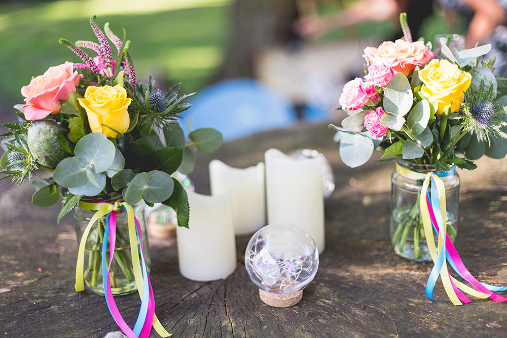  Flowers Jars Multi Colour Rose Pink Yellow Coral Purple Ribbons Hothorpe Hall Woodlands Wedding Lucy Long Photography