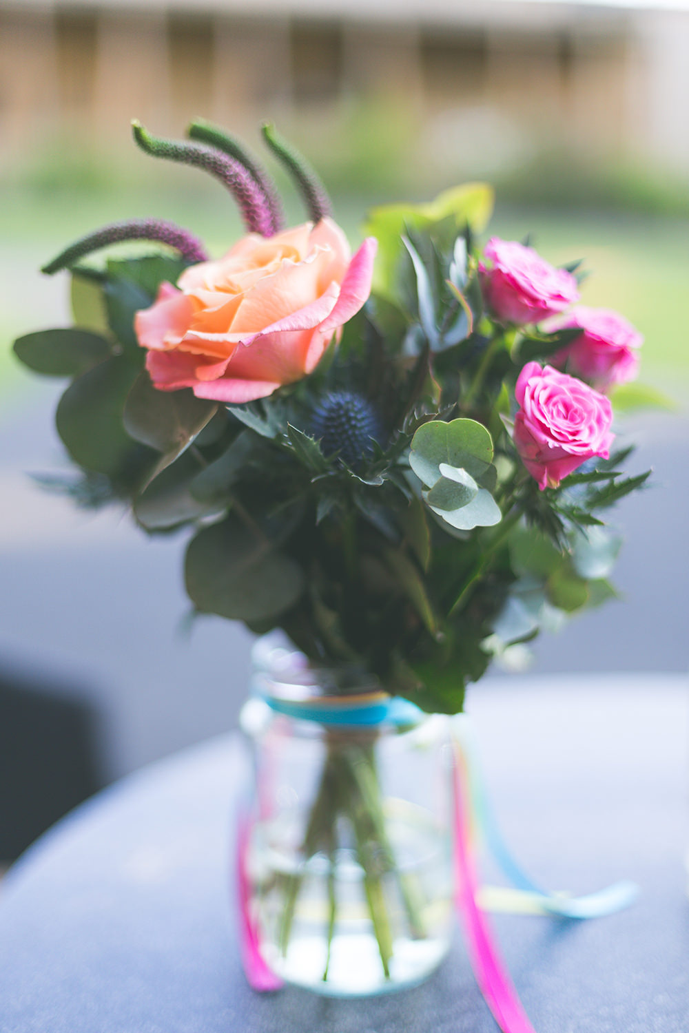 Flowers Jar Multi Colour Rose Pink Yellow Coral Purple Ribbons Hothorpe Hall Woodlands Wedding Lucy Long Photography