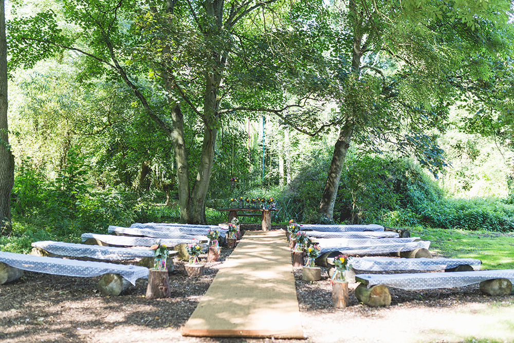 Outdoor Ceremony Wooden Benches Flowers Decor Aisle Hothorpe Hall Woodlands Wedding Lucy Long Photography
