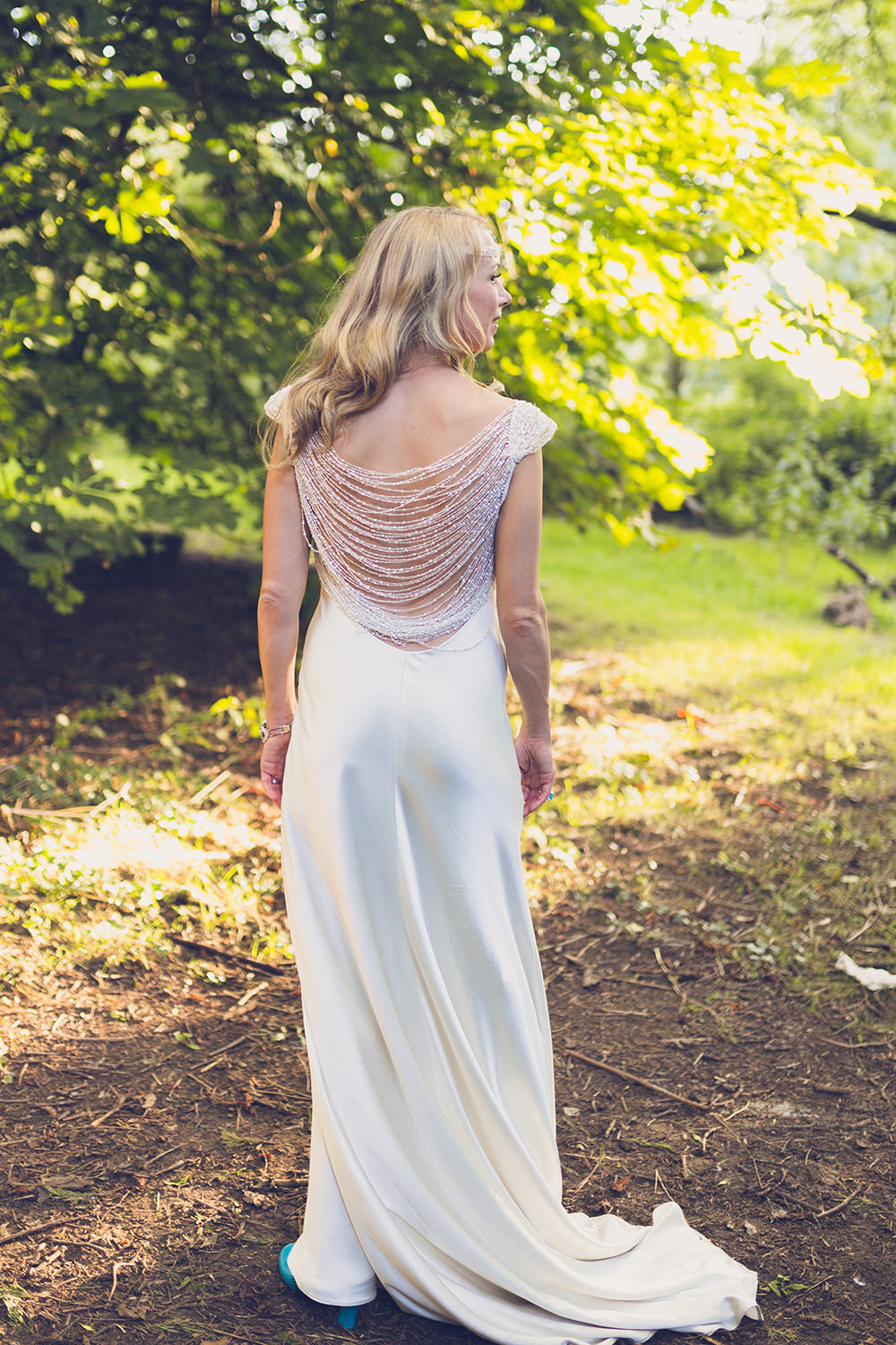 Suzanne Neville Silk Dress Gown Bride Bridal Train Beaded Back Detail Embellished Hothorpe Hall Woodlands Wedding Lucy Long Photography