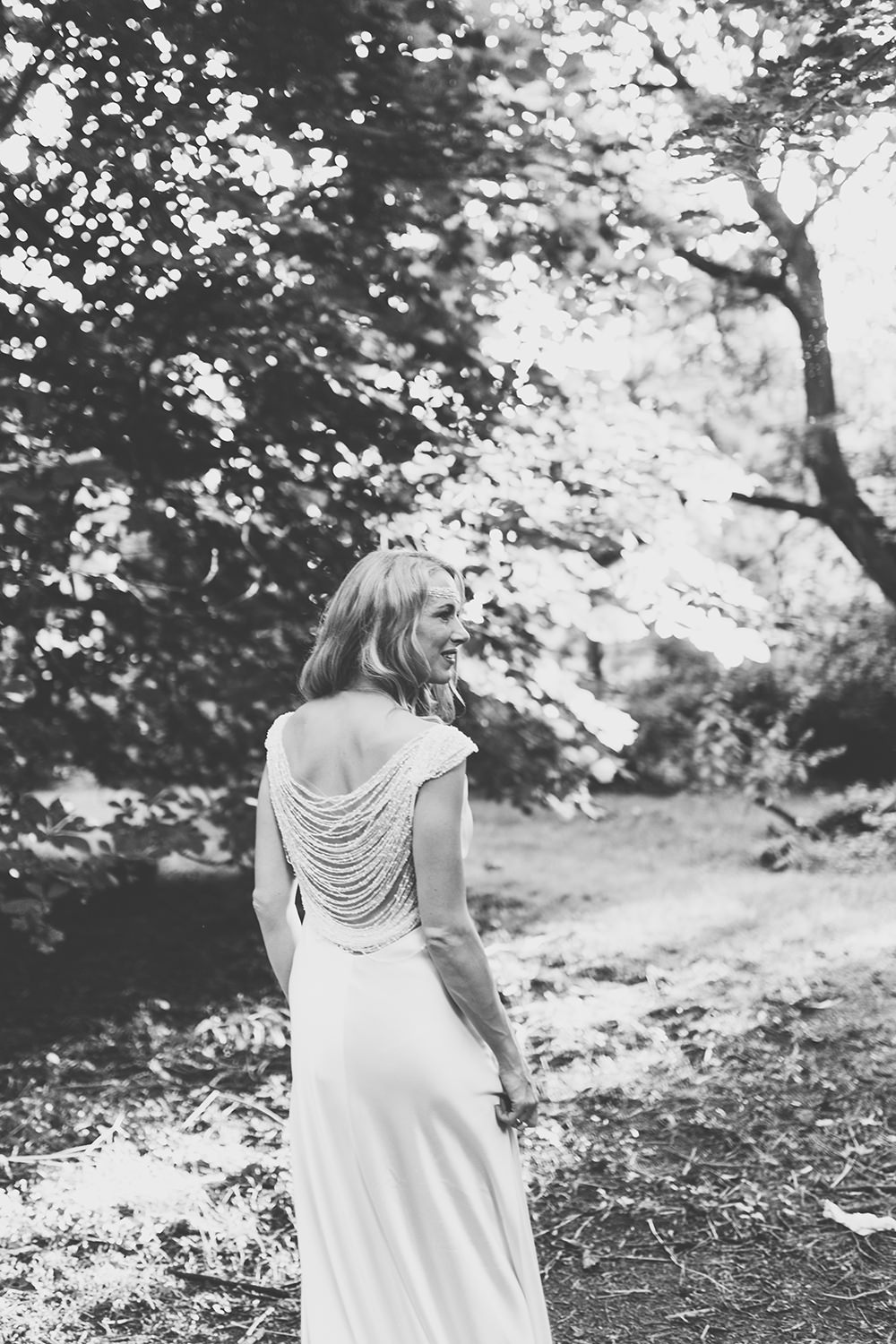 Suzanne Neville Silk Dress Gown Bride Bridal Train Beaded Back Detail Embellished Hothorpe Hall Woodlands Wedding Lucy Long Photography