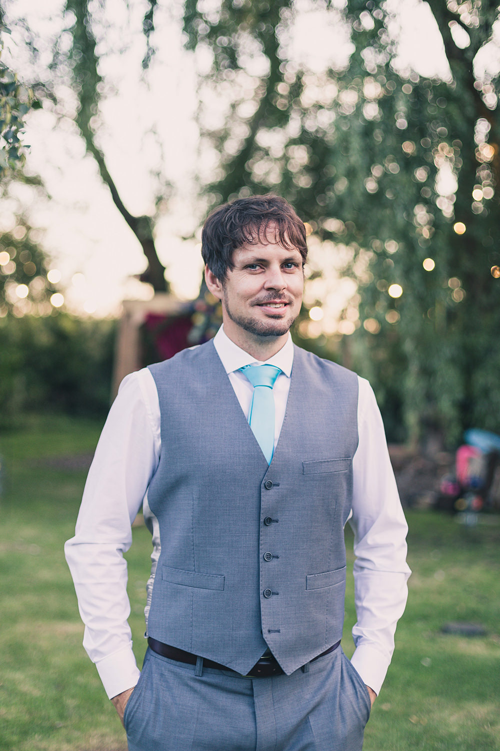 Groom Grey Waistcoat Blue Tie Hothorpe Hall Woodlands Wedding Lucy Long Photography