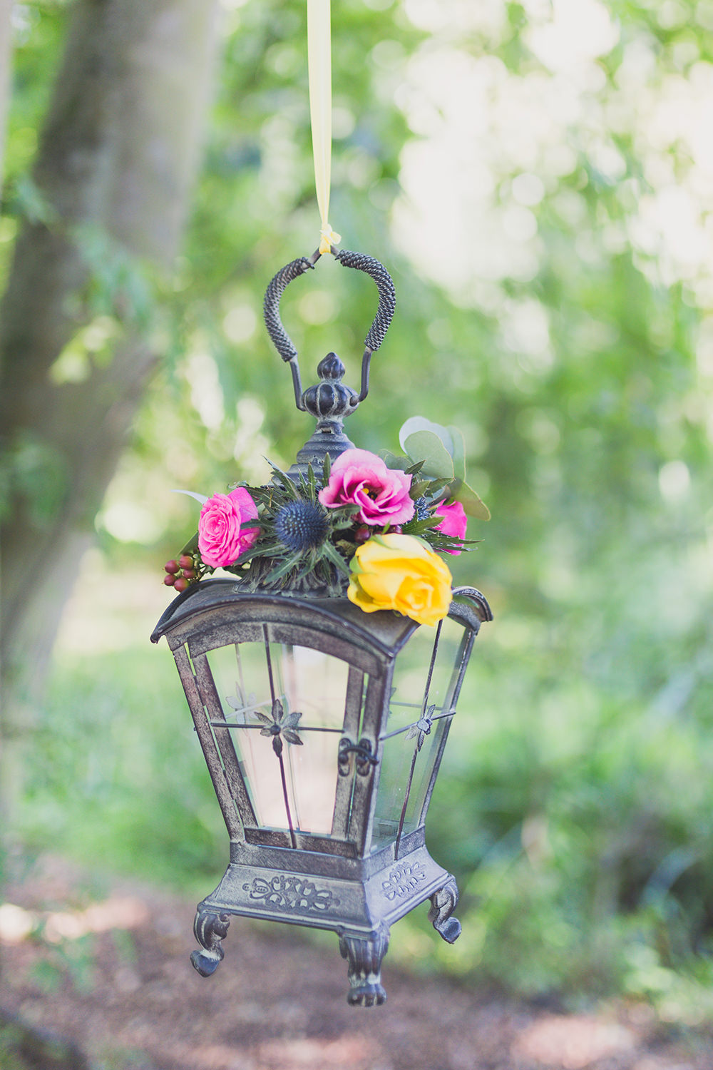 Lanterns Hanging Flowers Pink Yellow Rose Hothorpe Hall Woodlands Wedding Lucy Long Photography