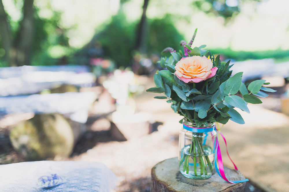 Jar Flowers Ribbons Log Stump Ceremony Aisle Hothorpe Hall Woodlands Wedding Lucy Long Photography