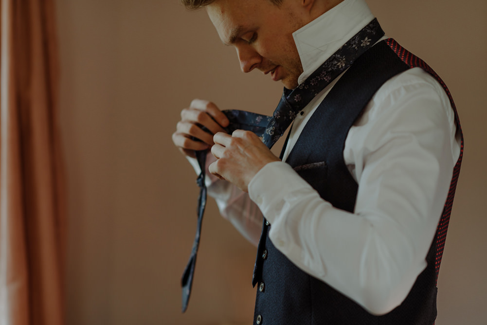 Forest Trees Castle Loch Blue Waistcoat Tie Groom Morning Prep | Intimate Winter Outdoor Scotland Wedding Christopher Ian Photography