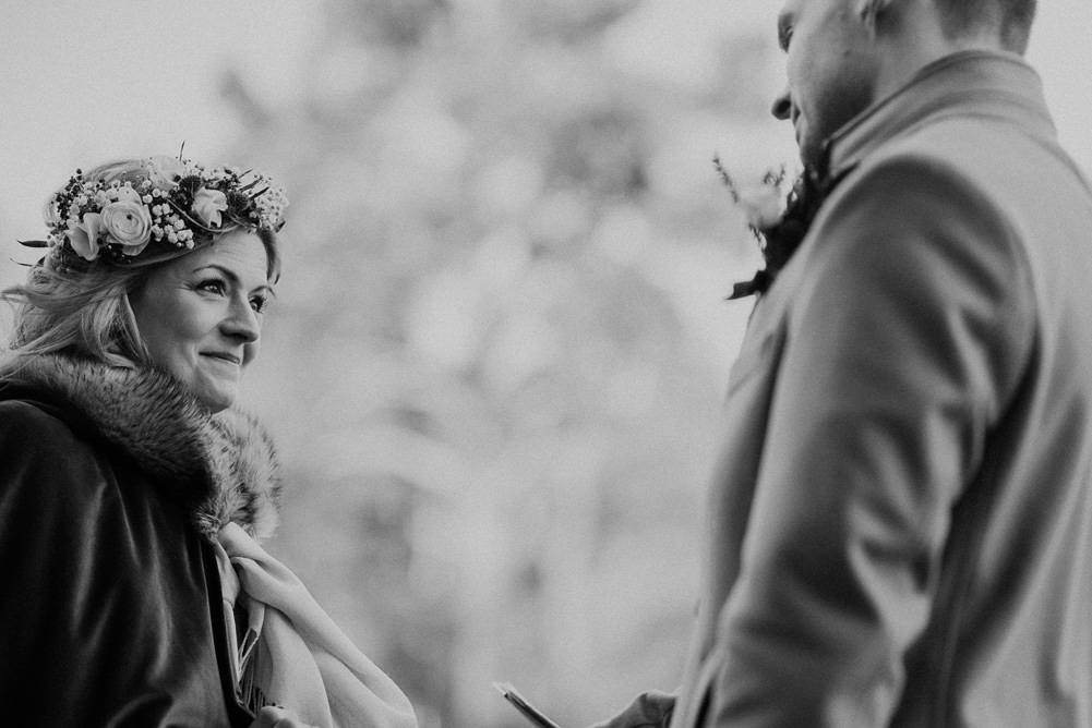 Forest Trees Castle Loch Bride Blue Dress White Bouquet Floral Crown Cape Father Ceremony | Intimate Winter Outdoor Scotland Wedding Christopher Ian Photography