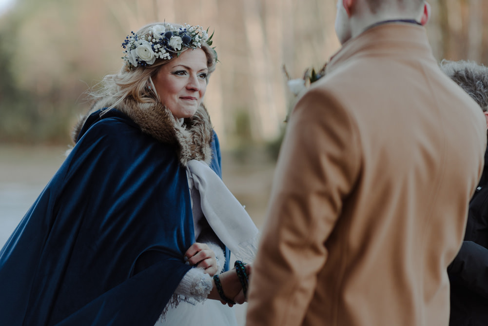Forest Trees Castle Loch Bride Blue Dress White Bouquet Floral Crown Cape Father Ceremony | Intimate Winter Outdoor Scotland Wedding Christopher Ian Photography