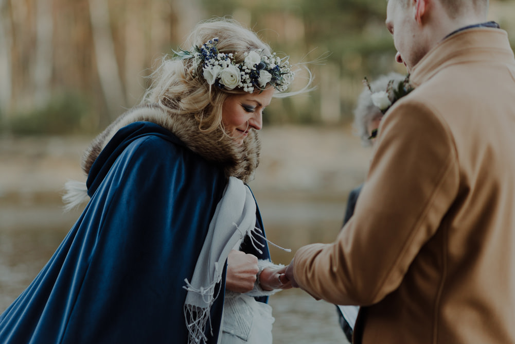 Forest Trees Castle Loch Bride Blue Dress White Bouquet Floral Crown Cape Father Ceremony | Intimate Winter Outdoor Scotland Wedding Christopher Ian Photography